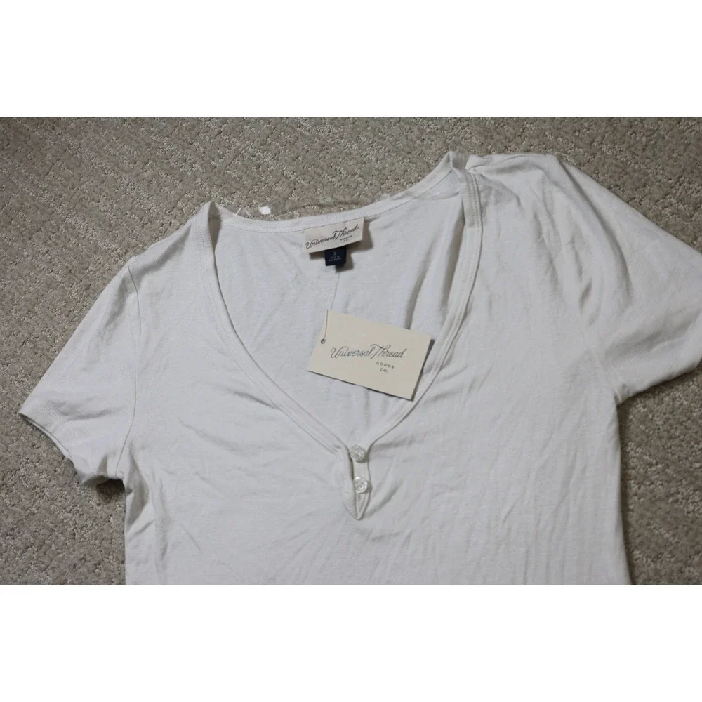 Universal Thread Womens Cream White Short Sleeve Henley V-Neck Top SS-029 S